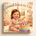 Livre fermé « Quand Eva a eu 1 an » sur fond neutre