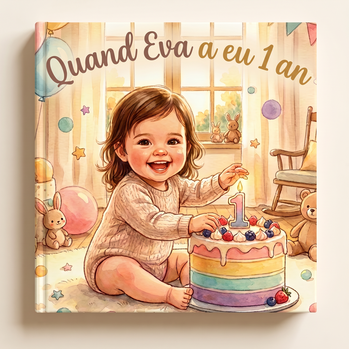 Livre fermé « Quand Eva a eu 1 an » sur fond neutre