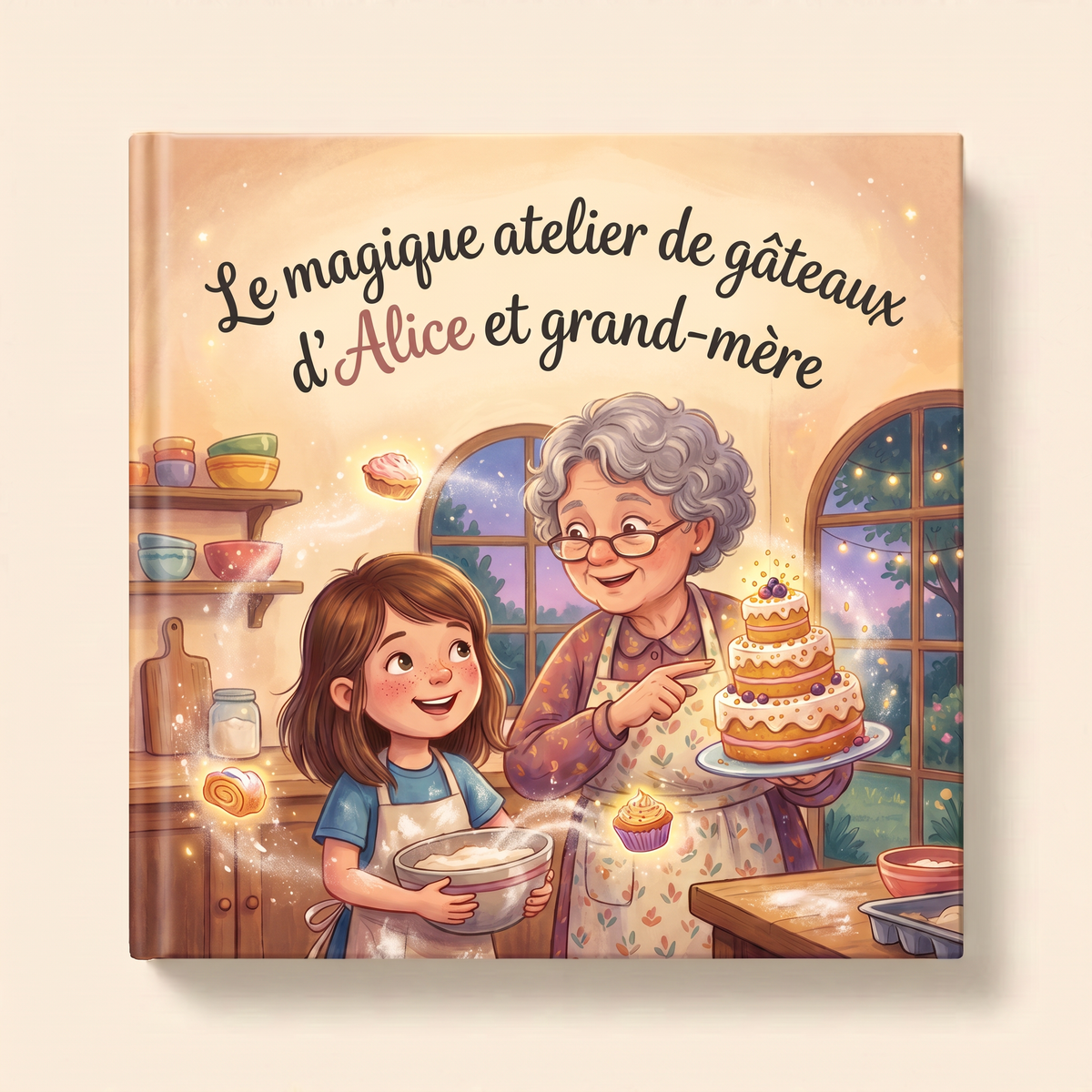 Livre fermé « Le magique atelier de gâteaux d'Alice et grand-mère » sur fond neutre