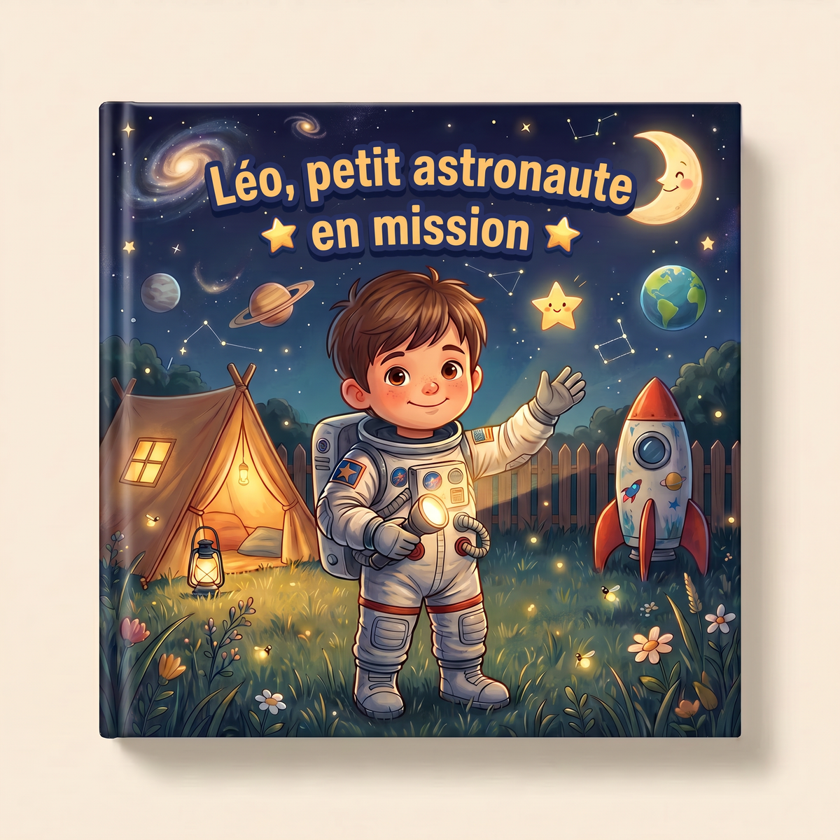 Livre personnalisé « Léo, petit astronaute en mission » sur fond clair et neutre
