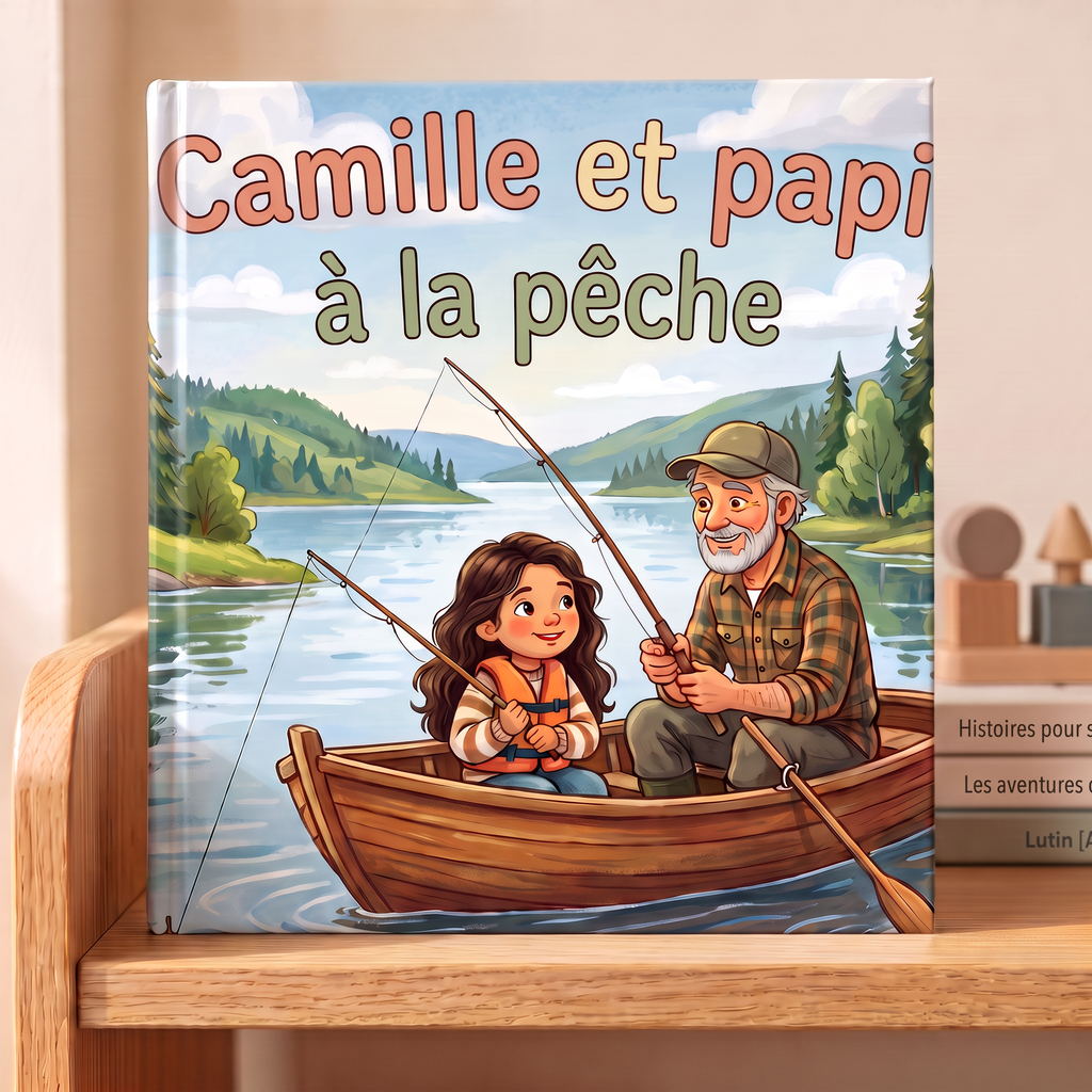 Livre fermé « Camille et papi à la pêche » sur fond neutre