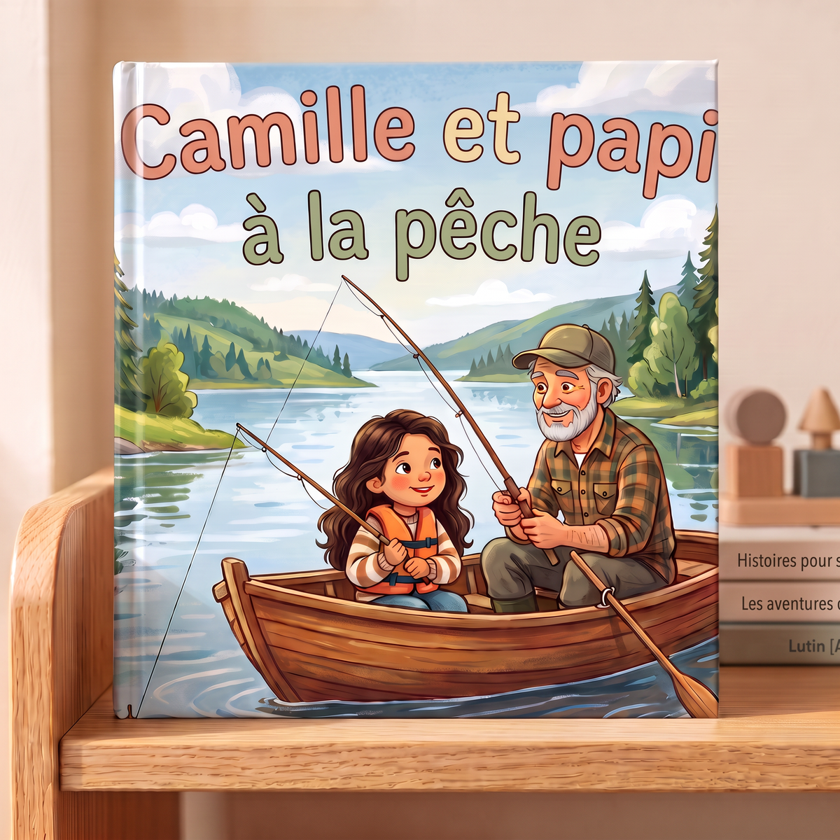 Livre fermé « Camille et papi à la pêche » sur fond neutre