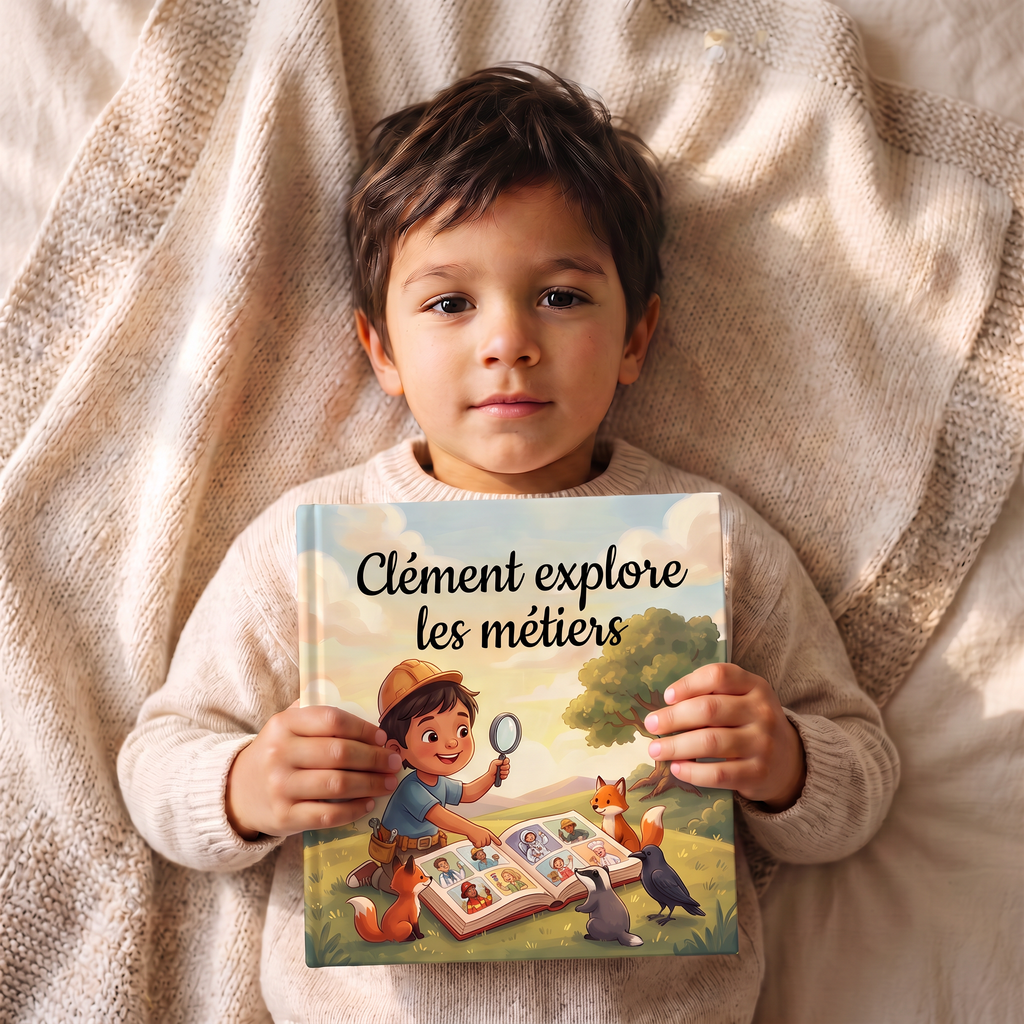 Livre fermé « Clément explore les métiers » sur fond neutre