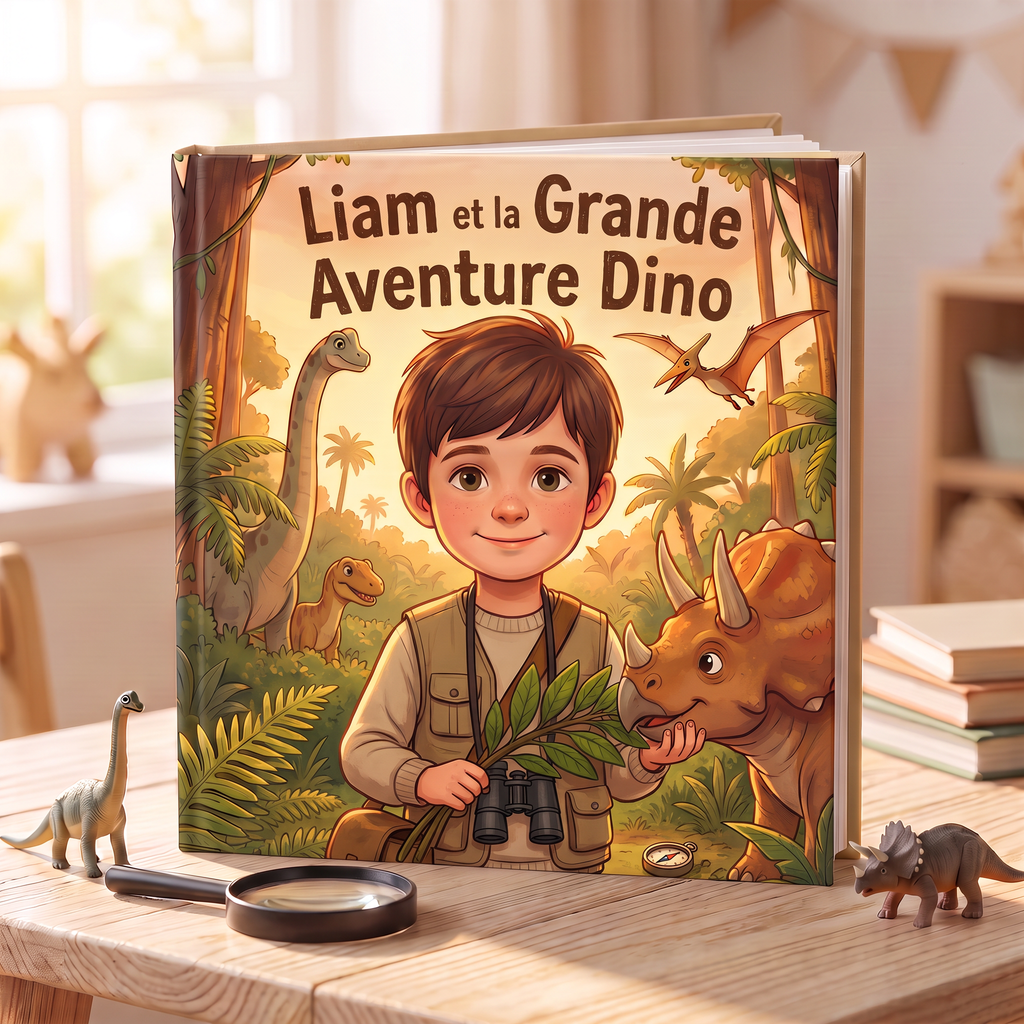 Livre fermé « Liam et la Grande Aventure Dino » sur fond neutre