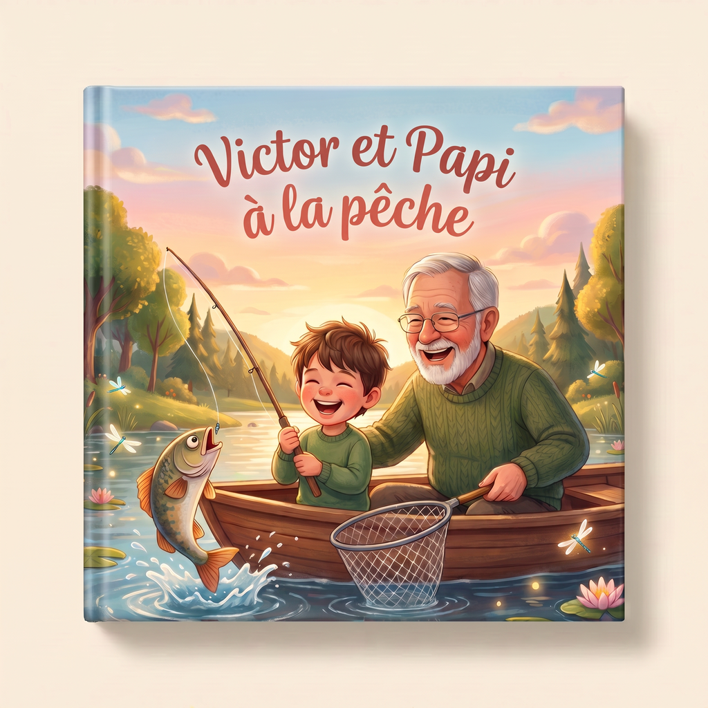 Livre personnalisé « Victor et Papi à la pêche » sur fond clair et neutre