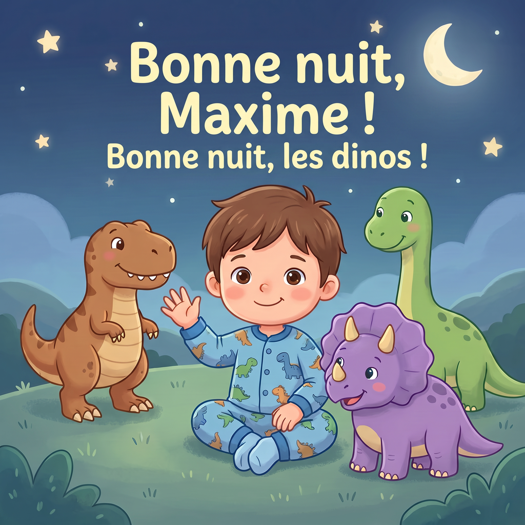 Couverture illustrée de « Bonne nuit, Maxime! Bonne nuit, les dinos! »