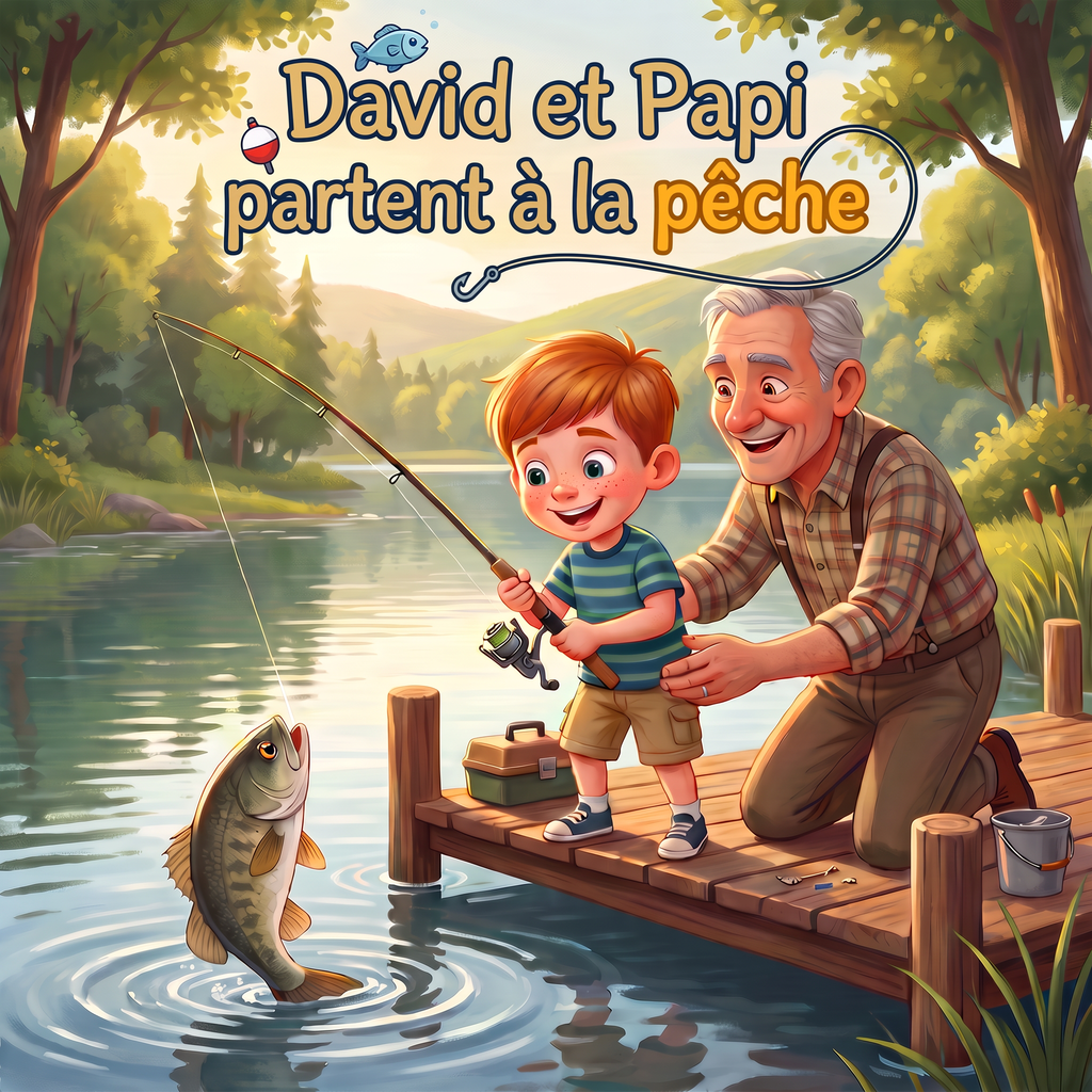 Livre fermé « David et Papi partent à la pêche » sur fond neutre