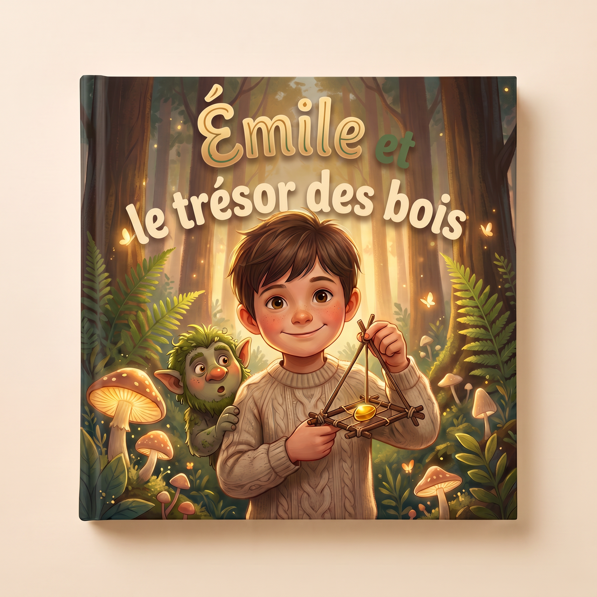 Livre personnalisé « Émile et le trésor des bois » sur fond clair et neutre
