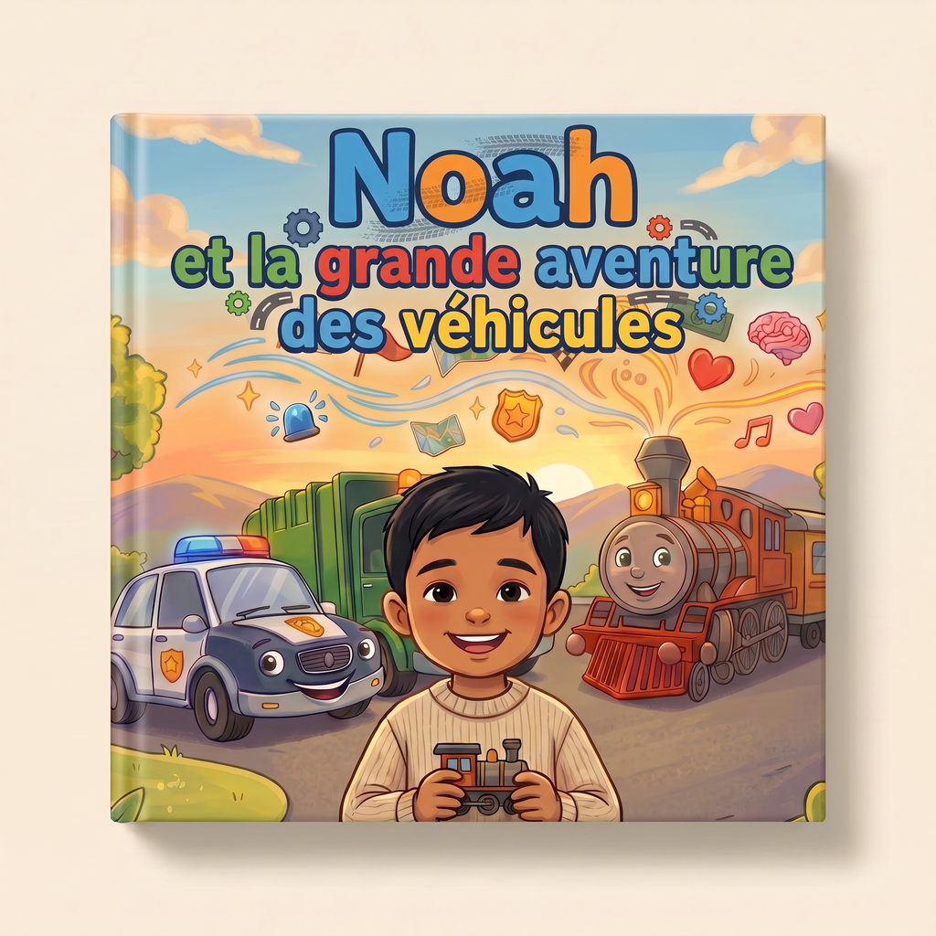 Livre personnalisé « Noah et la grande aventure des véhicules » sur fond clair et neutre