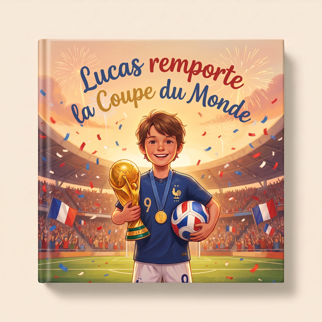 Livre personnalisé « Lucas remporte la Coupe du Monde » sur fond clair et neutre
