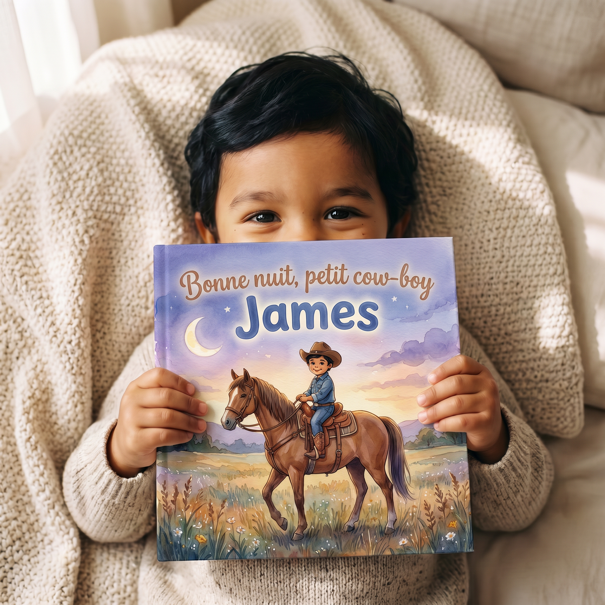 Illustration de James à cheval sous la lune sur une couverture de livre portant le titre « Bonne nuit, petit cow-boy James ».