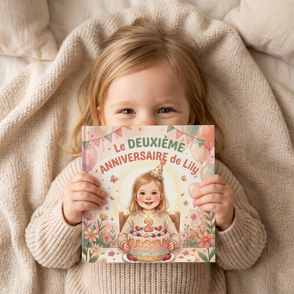 Livre fermé « Le DEUXIÈME ANNIVERSAIRE de Lily » sur fond neutre