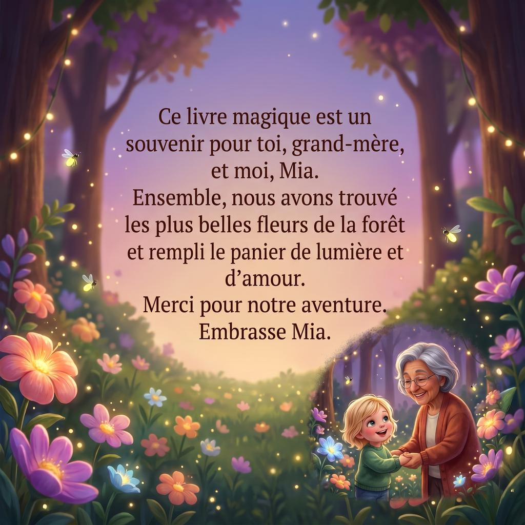 Quatrième de couverture de « La chasse aux fleurs magique de Mia et grand-mère »