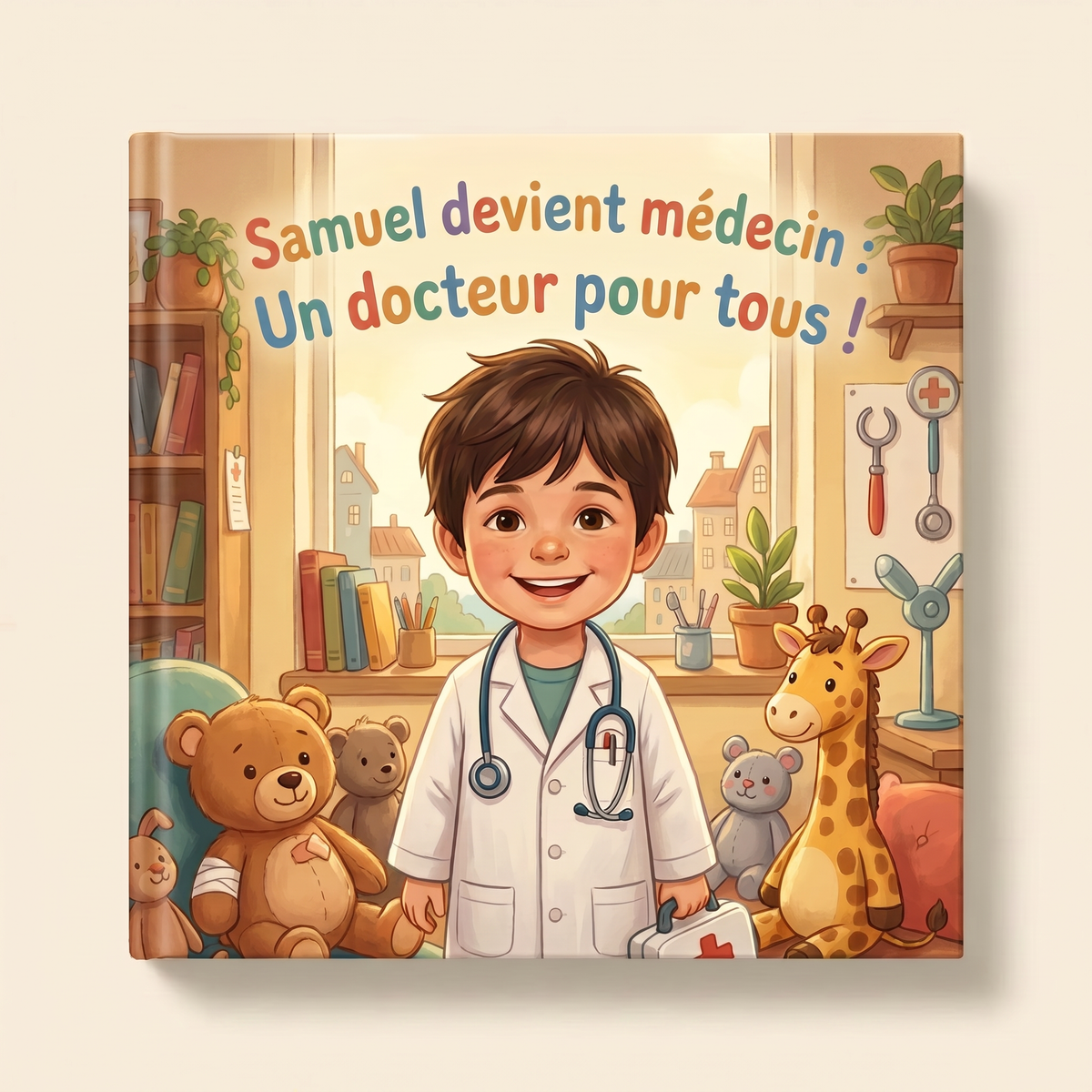Livre personnalisé « Samuel devient médecin: Un docteur pour tous! » sur fond clair et neutre