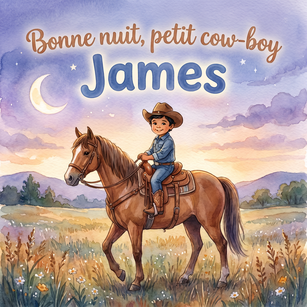 Couverture illustrée « Bonne nuit, petit cow-boy James », montrant James à cheval sous la lune.