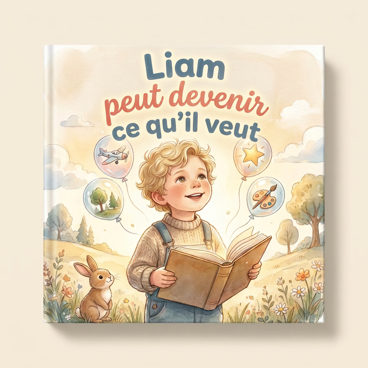 Livre personnalisé fermé sur fond clair, intitulé « Liam peut devenir ce qu’il veut ».