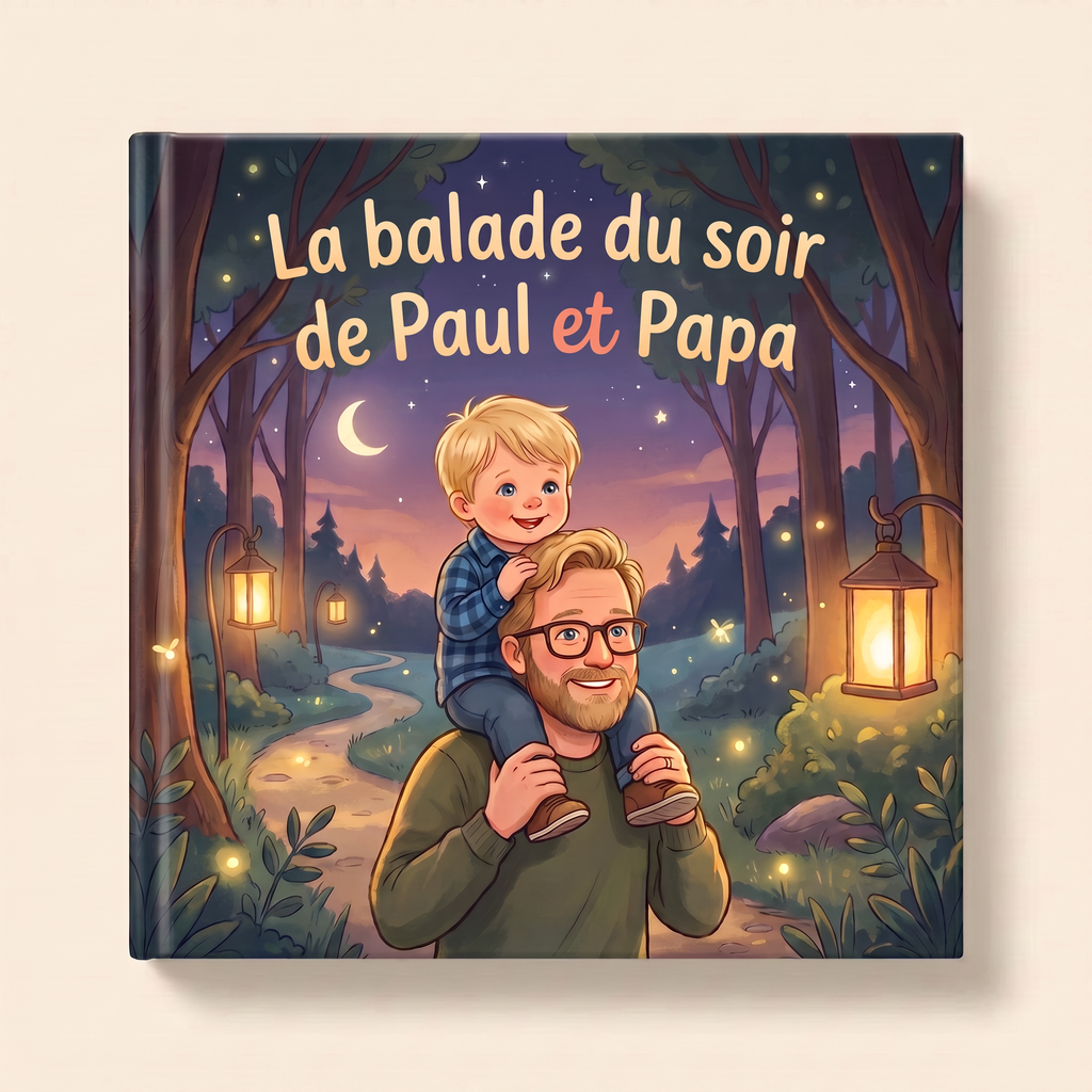 Livre personnalisé « La balade du soir de Paul et Papa » sur fond clair et neutre
