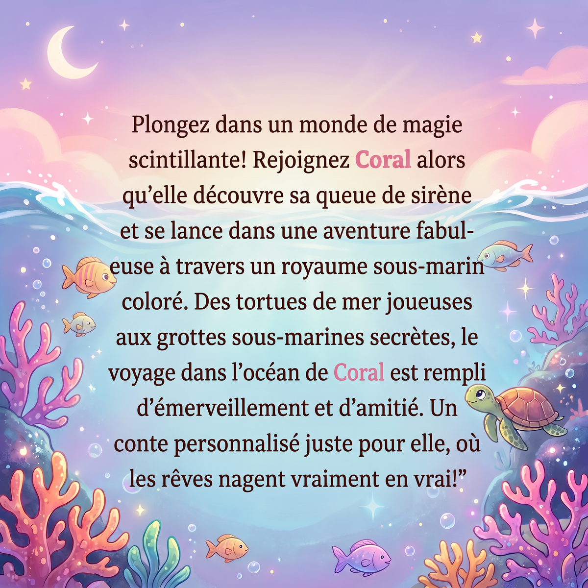 Quatrième de couverture de « Coral devient une sirène » avec le résumé de son aventure sous-marine