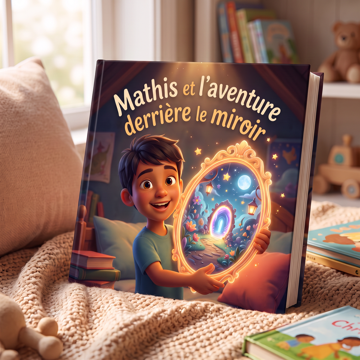 Livre fermé « Mathis et l'aventure derrière le miroir » sur fond neutre