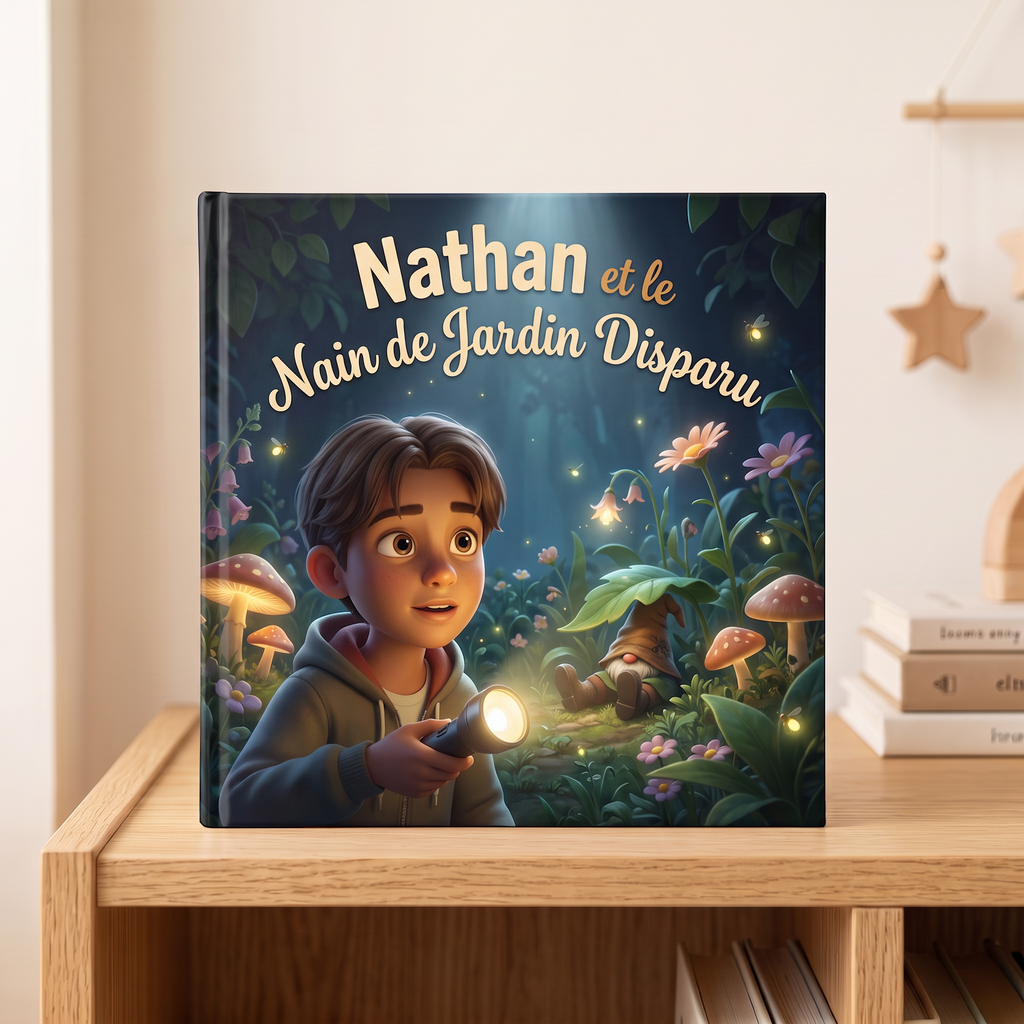 Livre fermé « Nathan et le Nain de Jardin Disparu » sur fond neutre