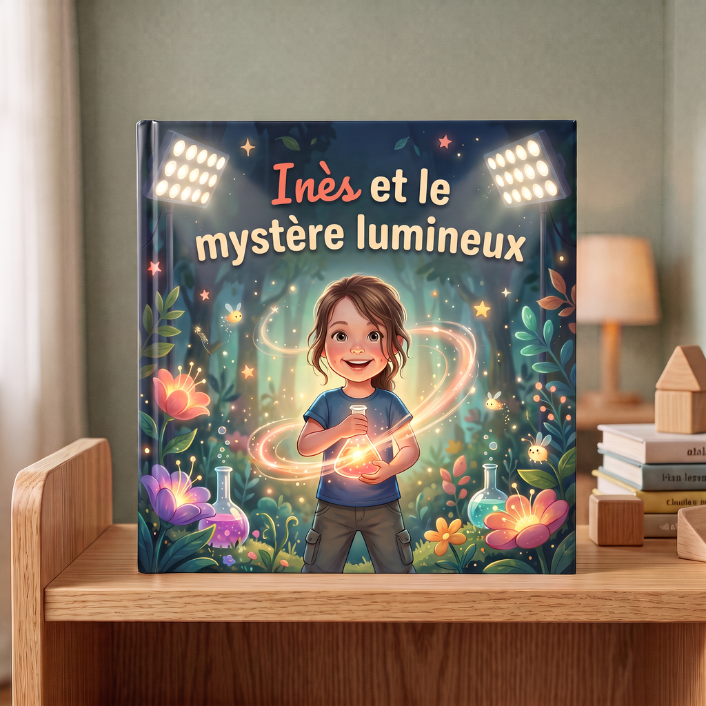 Livre fermé « Inès et le mystère lumineux » sur fond neutre