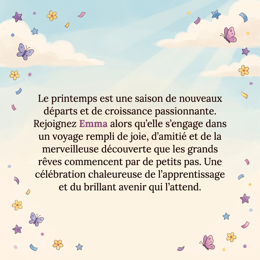 Quatrième de couverture illustrée du livre d’Emma sur la fin de la maternelle.
